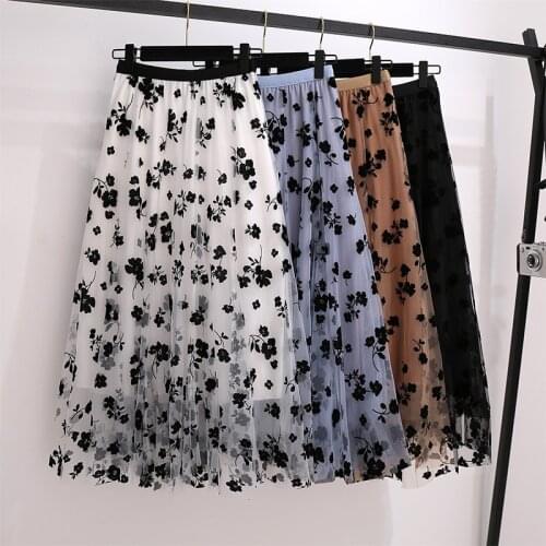 White Floral Mesh Stitch Long Black Female Plus Large Size Korean Oversized Vintage WomenS Skirts Autumn Clothes Lady D0431