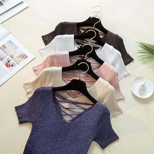 Sanishroly Women Summer T-Shirts Tee Casual Hollow Out Tie Sequined Knitted T Shirt Female V-Neck Short Sleeve T Shirts Tops 491