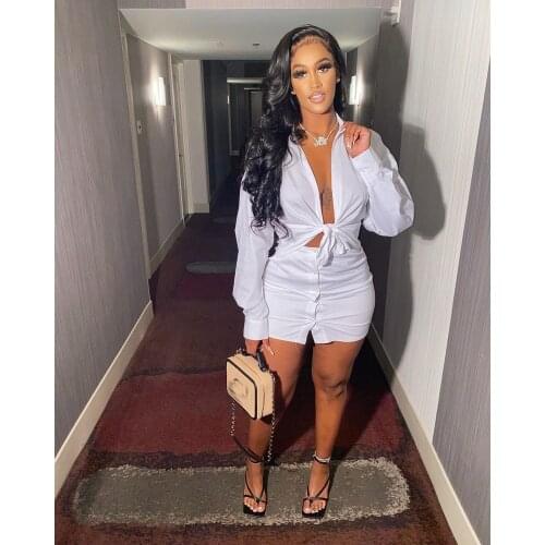 Wsevypo Office Lady Two-piece Skirts Suits Casual Women Ladies Solid Color Sets Tied Front Long Sleeve Shirts and Mini Skirts