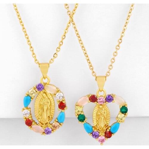 Rainbow Virgin Mary Pendant Necklaces For Women With Crystal Cross Necklaces Gold Cubic Zirconia Religious Jewelry nkeq37