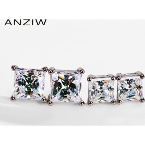 ANZIW Princess Cut Stud Earrings Women Brilliant Square Cut Sona 925 Sterling Silver Wedding Engagement Stud Earring сережки