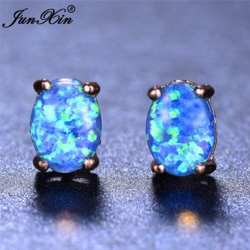 Boho Female White Blue Fire Opal Stone Earrings Fashion Rose Gold Jewelry Small Oval Stud Earrings For Women