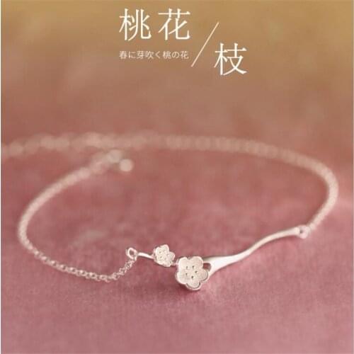 New Fashion Peach Branch Cute Literary Fresh Flowers 925 Sterling Silver Jewelry Cherry Blossom Women Bracelets SB227