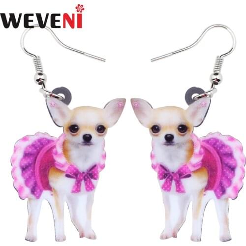 WEVENI Acrylic Pink Dress Chihuahua Dog Earrings Drop Dangle Cartoon Animal Jewelry For Women Girls Ladies Gift Accessories 2019