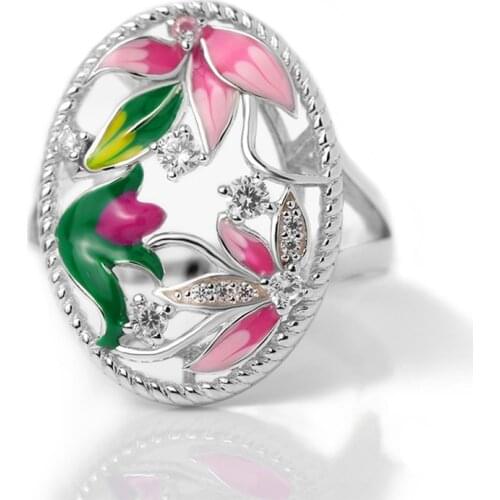 Women Gorgeous Handmade Enamel Lotus Blossom Flower Leaf Rings Shiny Cubic Zirconia Hollow Out Unique Vintage Rings for Female