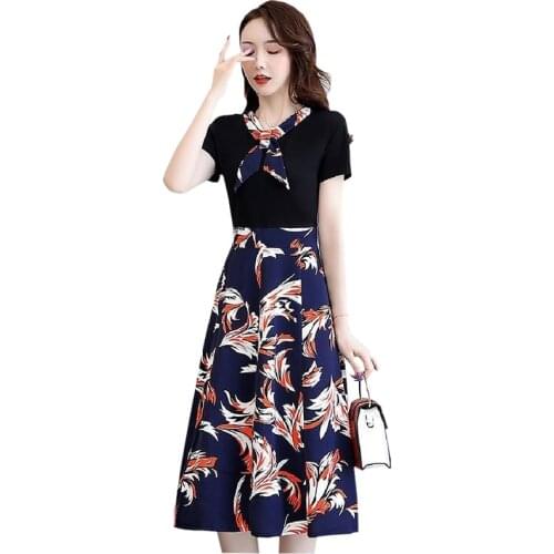 2021 New Fashion Spring Summer Print Dress Women Short Sleeve Chiffon Slim Elegant A-Line Dresses Plus Size Office Clothes KW511