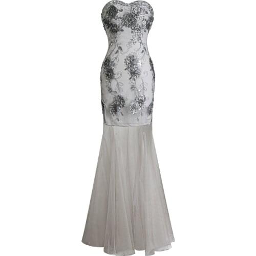 Angel-fashions Strapless Appliques Floral Mermaid Long Evening Dresses vestidos de noche Gray A-137GY-S