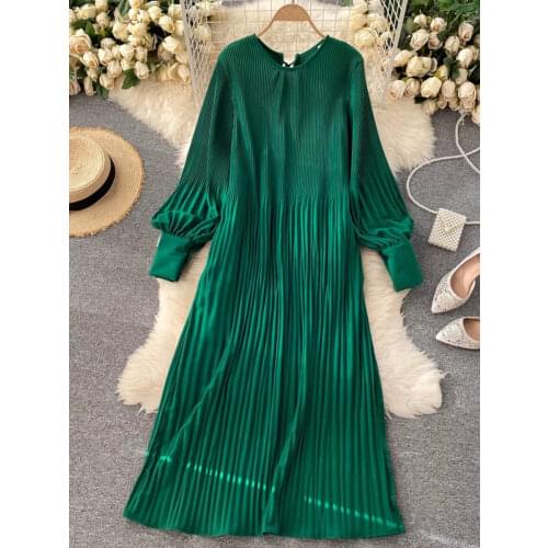 Vintage Pleated Chiffon Long Dress Women Casual Solid Pink/Green/Red O-Neck Draped Slim Vacation Vestidos Autumn Robe 2020 New