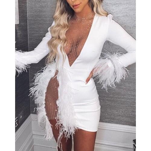 2020 Women Elegant Party Dresses Female Sexy White Mini Cocktail Long Sleeve Dress Sequined Feather Trim Mini Dress