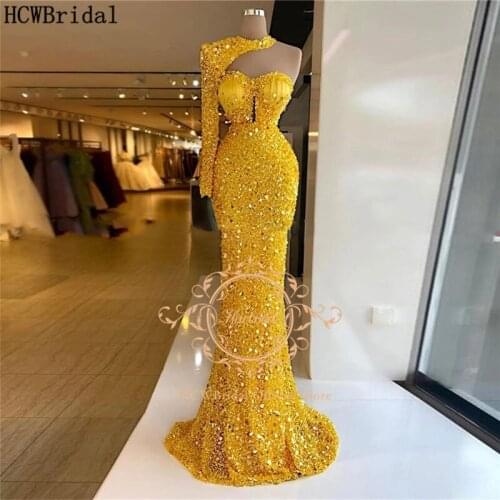 Luxury Gold Mermaid Arabic Evening Dress One Shoulder Sweetheart Long Sleeve Shiny Beads Special Occasion Formal Gowns Customize