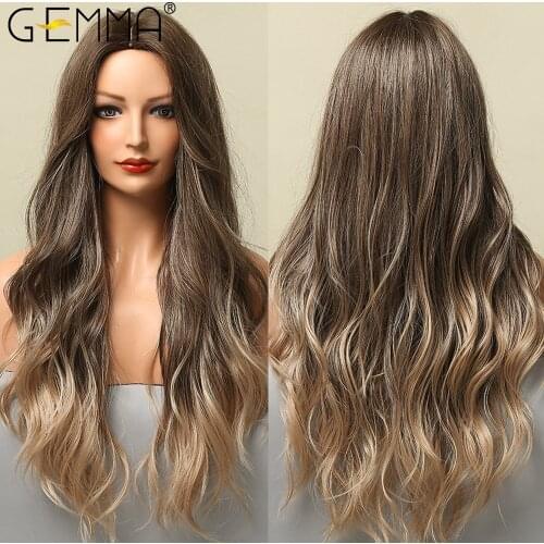 GEMMA Long Wavy Ombre Brown Blonde Highlight Synthetic Wigs for Women Afro Natural Middle Part Cosplay Heat Resistant Hair Wigs