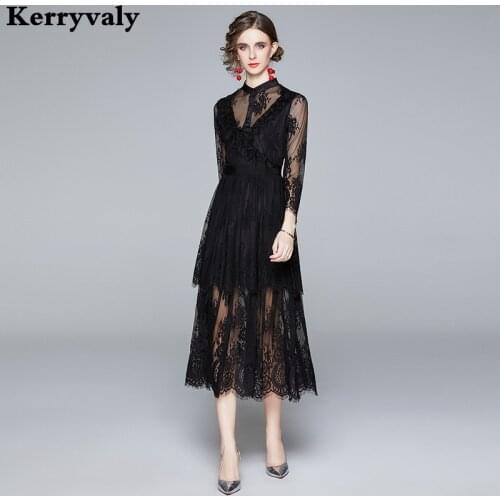 Elegant Long Sleeve Black Lace Dress Womens Dresses New Arrival 2021 Autumn Office Plus Size Dresses Vestido Feminino K8361