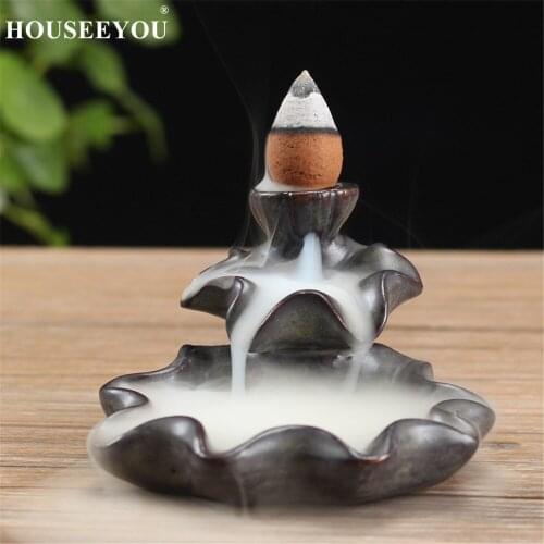 HOUSEEYOU Small Lotus Backflow Incense Burner Ceramic Buddha Stick Waterfall Incense Holder Aromatherapy Censer Home Decors