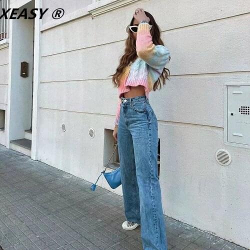 XEASY Women Fashion Autumn Gradient Rainbow Knit Cardigan Sweater Vintage V-Neck Single Breasted Female Sweet Girl Short Top