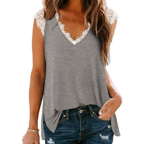 Lace Patchwork Loose T Shirt Spring Summer V Neck Women Vest T-shirt Loose Casual Slit Top Loose Sleeveless Female T Shirt