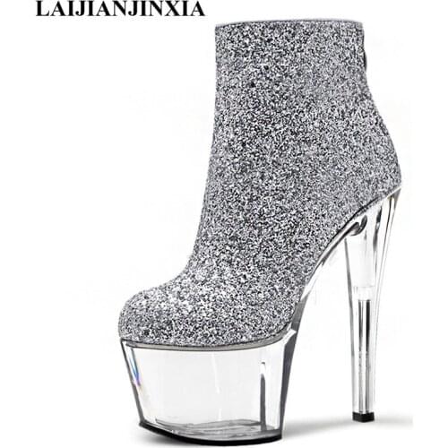 LAIJIANJINXIA New Silver Dance Boots 17 cm High Heels ZIP Womens Boots Sexy Ankle Boots Party Model Catwalk Pole Dancing Shoes
