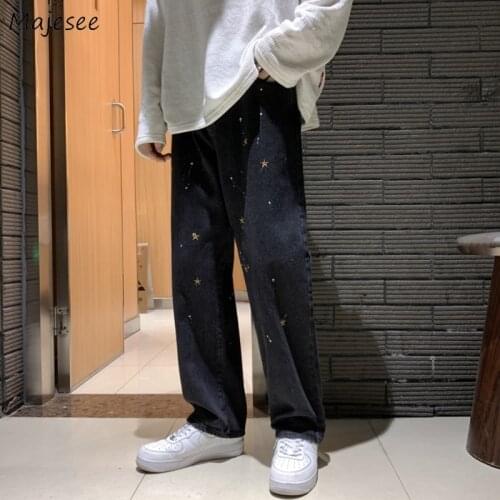 Star Printed Men Jeans Casual Ankle-length Black Trendy Wide Legs Trousers Demin All-match Loose Ulzzang Comfortable Chic Kpop