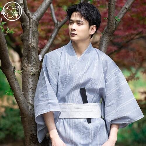 Mens Japanese Kimono Traditional Summer Yukata with Belt Cotton Household Bathrobe Cosplay Wear Photography Clothing