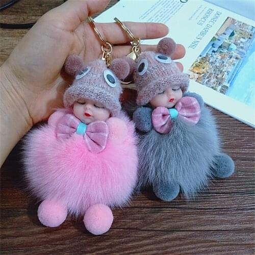 New Cute Mini Sleeping Baby Doll Key Chains For Women Bag Toy Key Ring Fluffy Pom pom Faux Fur Plush Keychains