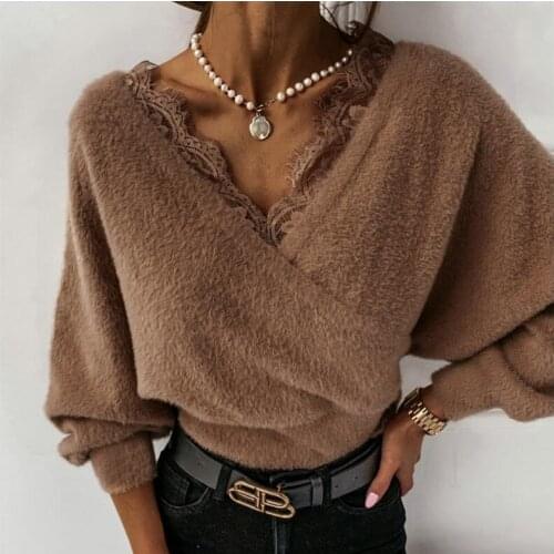 Sexy Patchwork Flannel Sweater Lace High Waist V-neck Pullover Nightclub Club 2020 Winter Comfort Sweaters for Women