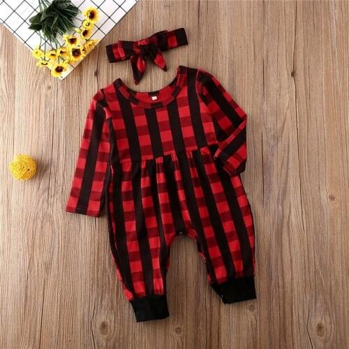 0-24M Baby Girls Xmas Rompers Newborn Clothes Girl Plaids Romper Kid Christmas Jumpsuit Kids Overall Todder Headband Outfit