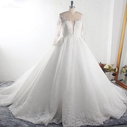 RSW1624 2020 O Illusion Neckline Plunging Inside Buttons Back Long Sleeves Princess Bridal Gown Ivory Robe De Mariee