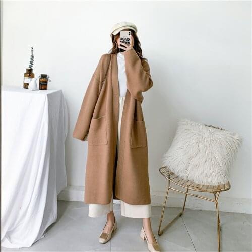 [ZAYAU]Womens Autumn and Winter Mid-length Plus Size Thick Sweater Cardigan Loose Solid Color Rabbit Wool Warm Jacket