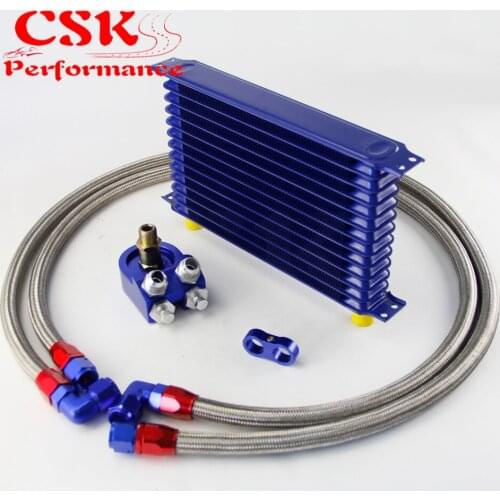 Universal 13 Row 262mm AN10 Engine Transmission Oil Cooler Trust Type + Aluminum Filter Adapter Kit Silver/Blue/Black