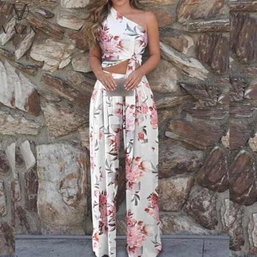 VAZN 2021 Top Quality Sexy Young Irregular Vintage Slash Neck Floral Print Loose Long Pant Women 2 Piece Set