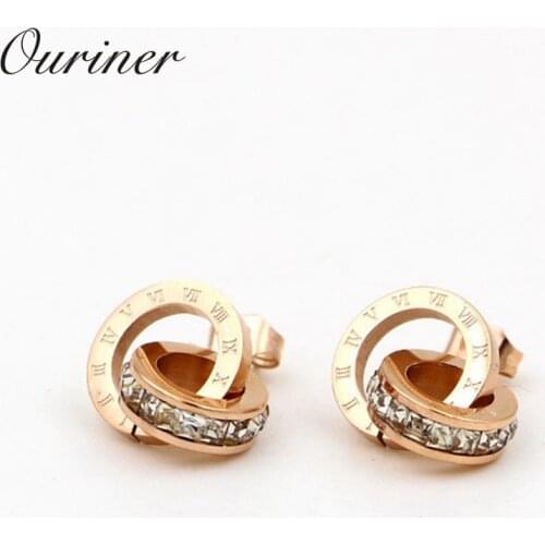 Letter Roman Numeral Double Circle Earrings For Women Luxury Brand Love Charm Square CZ Crystals Stud Earrings Jewelry KE001-1