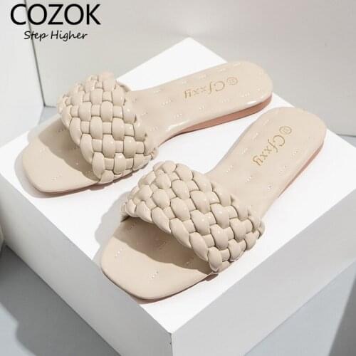 2021 Summer Woman Sandals Weave PU Leather Slides Fashion Casual Shoes Outdoor Leisure Slip On Slides Large Size 42 Lady Sandals