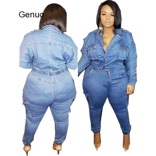 High Street Young Lady Fashion Jean Color V-Neck Bandage Women Jumpsuit Long Sleeve Long Pant Jumpsuits Sexy Club Rompers