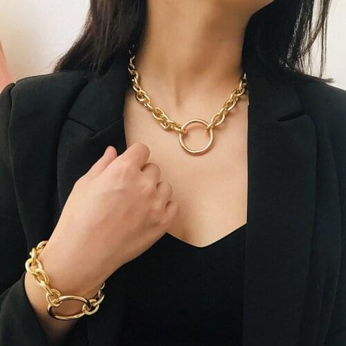 Punk Vintage Exaggerated Chunky Big Round Circle Pendant Gold Color Chain Necklace for Women Statement Collar Jewelry XR2018