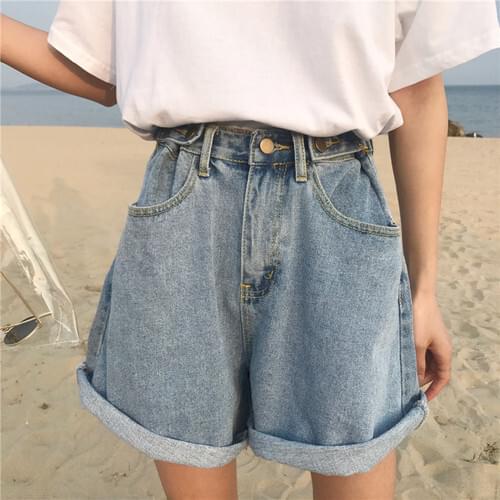 Denim Vintage Light Blue Solid Fashion High Waist Simple 2020 New Arrival Loose Casual Female Shorts
