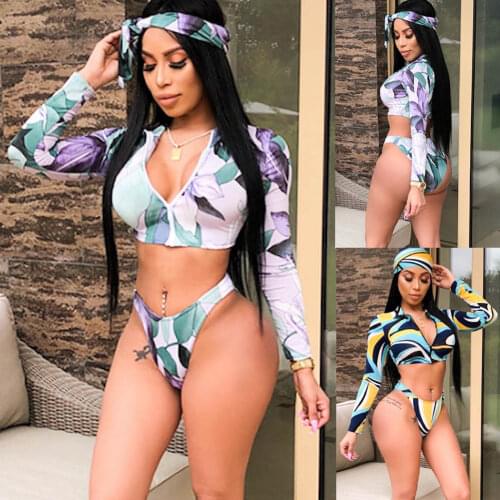 2021 Sexy Womens Long Sleeve Floral Zip Up Bikini Set Fashion Floral Women High-waisted Bikini Push-Up Swimsuit Bathing Suit