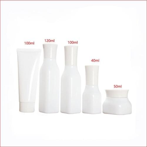 50/40/100/120ML white Empty glass bottle/jar lotion/mist spay pump Cosmetic Packing Refillable Bottles w white cap soft tube