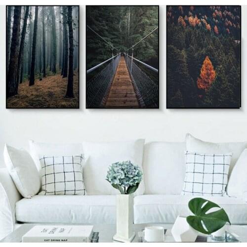 Wooded Jungle Suspension Bridge Path Landscape Painting Green Plant Leaf Poster Wall Art Canvas Wooden Decor for Childrens Room