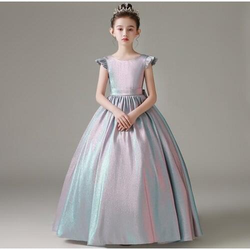 Flower Girl Dress Illusion Sleeveless Luxury Gradient Color O-Neck Princess Floor-Length Jersey Bow Lovely Kids Party Gown H225