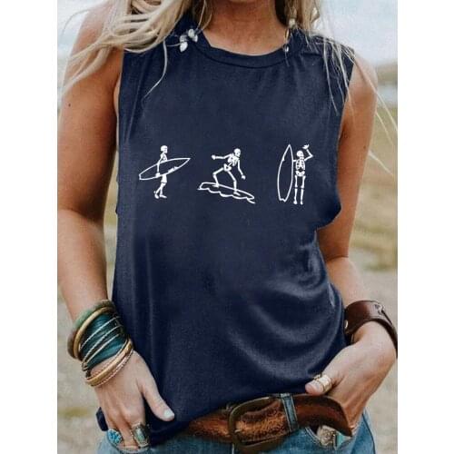 Funny Surf Skeleton graphic Tank top Funny Summer trendy Sleevele shirt women fashion casual vintage tops drop shipping