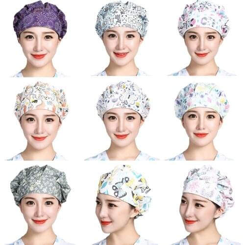 Scrub Caps Printed Cotton Breathbale Adjustable Bouffant Hats Head Cover Anti-dust Washable Women Workwear Hair Cover Cappello