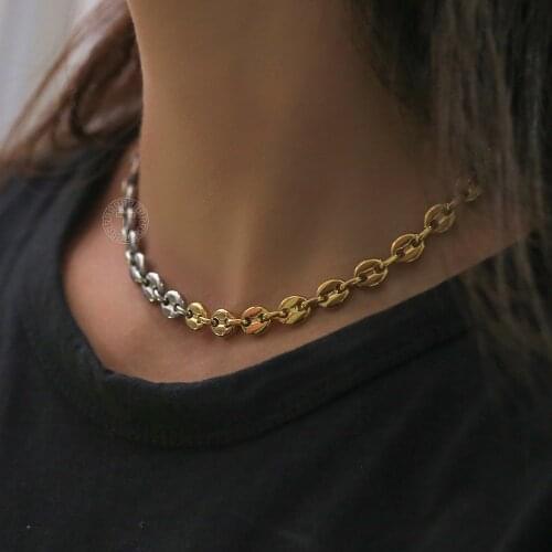 Gold Silver Color Coffee Bean Choker Necklaces For Women Girls Stainless Steel Mariner Link Chain Adjustable Gift DDN282