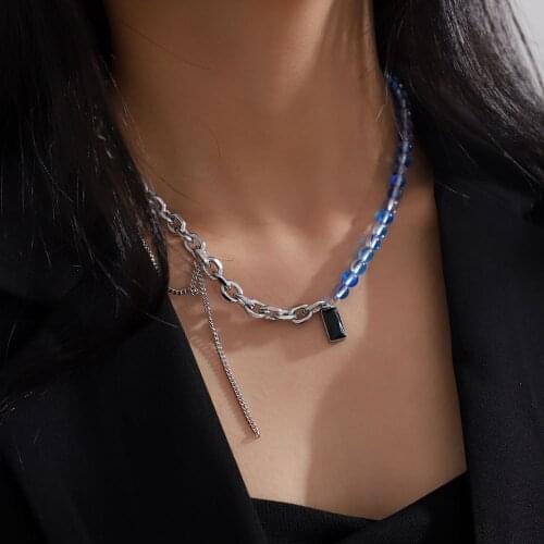 Meetvii Crystal Beads and Stainless Steel Necklaces For Women Black Square Crystal Pendant Necklace Geometric Design Jewelry