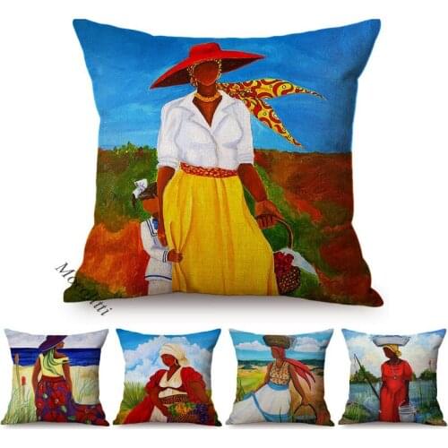 Fashion African Black Woman Girl Luxury Elegant Home Decor Sofa Pillowcase Abstract Oil Painting Decorative Square Cushion Cover