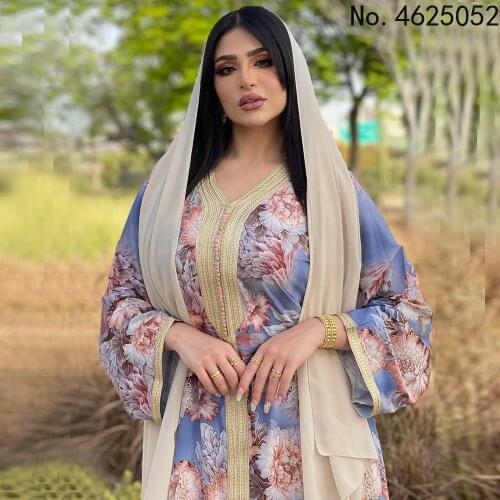 Fashion Muslim Hijab Dress for Women 2021 Modest Blue Floral Dubai Turkey Arabic Oman Qtar Kuwait Moroccan Kaftan Abaya