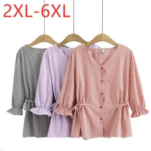 New 2021 Ladies Summer Plus Size Tops For Women Large Blouse Bell Sleeve Casual Red Plaid Ruffle V-neck Shirt 3XL 4XL 5XL 6XL