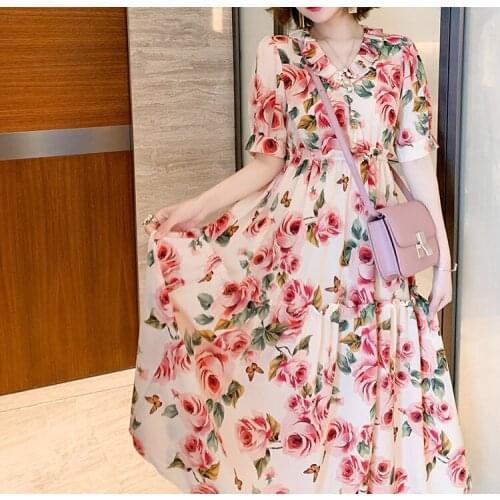 New 2021 Runway Designer Flower Summer Dress Womens Ruffles V NeckRose Floral Print Elastic Waist Party Dress