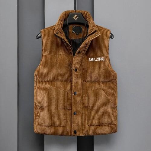 Autumn Winter Sleeveless Warm Solid Color Coat Korean Style Corduroy Basic Mens Down Vest England Vintage Male White Duck Vest