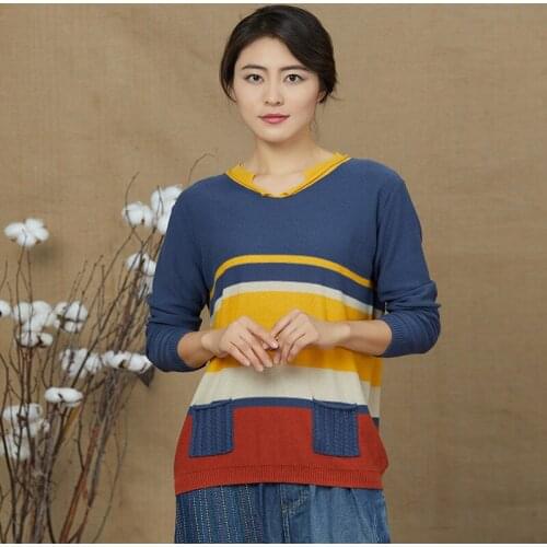 Contrast Color Autumn Sweater Women Cotton Soft Pullover Knitting Sweater v-Neck Loose Long Sleeve Jumper Female Striped Sweater