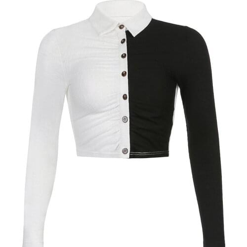 Autumn new style contrast color short section long-sleeved fashion stitching pit strip turn-down collar T-shirt