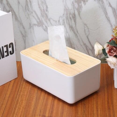 Plastic Tissue Box with Bamboo Wooden Cover Tissue Containers Home Kitchen Napkin Case Holder Storage Decoration